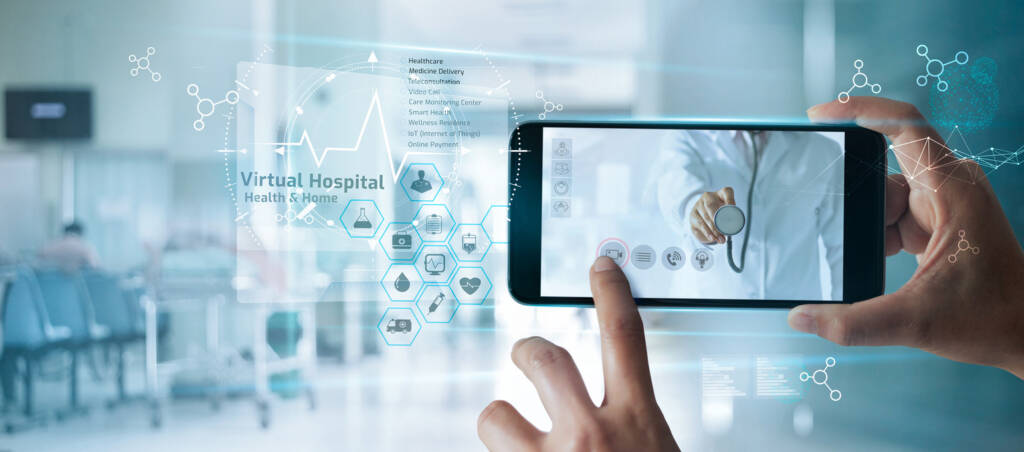 Doctor online, Virtual Hospital At Home, Online medical communication with patient on virtual interface and online consultation, checks and analysis health through the smartphone screen.